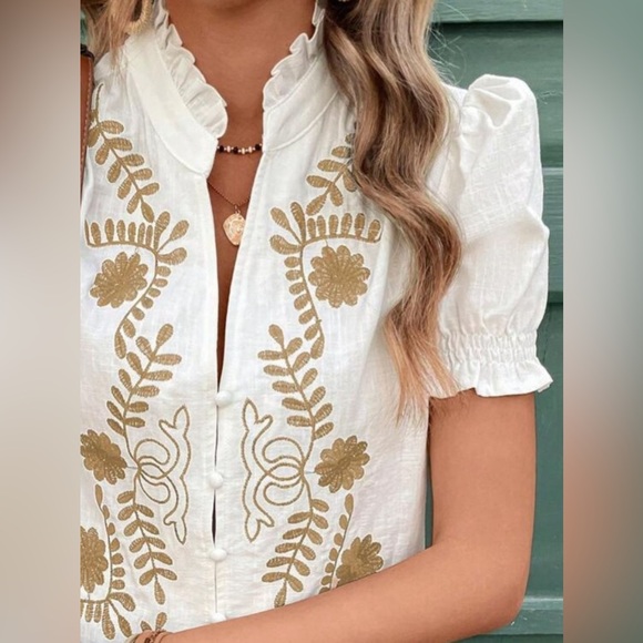 ❤️Hello Gorgeous! Embroidered Frill Notched Short Sleeve Blouse - Beige Cotton - Picture 3 of 6